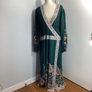 NWT SOFT SURROUNDINGS PLUS 3X WRAP MAXI GREEN DRESS PAISLEY TRIM 3/4 SLEEVES